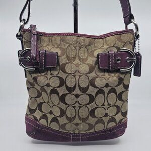 Coach Signature Jacquard Monogram Soho Duffel Shoulder Bag Purse Suede Plum